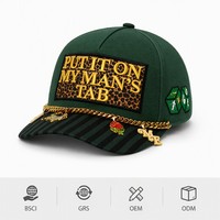 Casquette Snapback Premium 5 Panneaux avec Logo Personnalisé Broderie 3D Patch Léopard Rayures Roses et Chaîne Dorée – Fabrication Artisanale