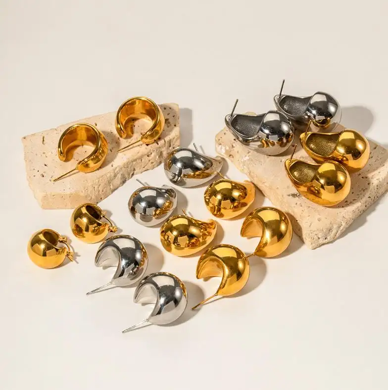 Pendientes de gota de agua gordita de oro de 18 quilates, pendientes de acero inoxidable, pendientes geométricos combinables a la moda para mujer, alta calidad