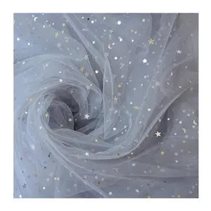 Silver Star And Moon Glitter Beige Tulle Fabric