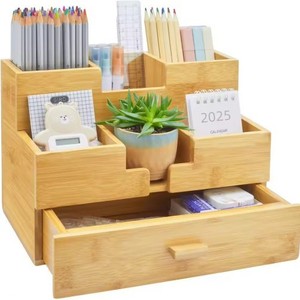 Bamboo Office Organizer Rectangle 1L <b>Storage</b> <b>Box</b> For Study Desk Tidy Stationery Holder With <b>Drawer</b> - Product Image 2