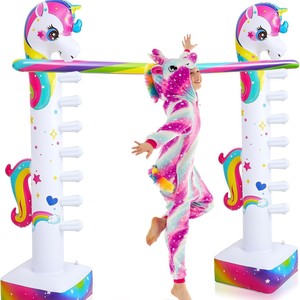 Barre de saut gonflable licorne avec hauteur réglable pour la décoration de fête d'anniversaire des enfants, en vinyle, facile à assembler - Product Image 1