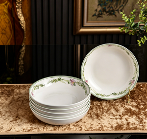 Juego de platos de cerámica con borde floral de mariposas y hojas verdes, 6 piezas, versátil para ensaladas, pasta y sopas. - Product Image 3