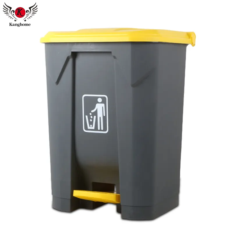Pabrik Terpercaya Plastik Outdoor 68L Pedal Kaki Abu-abu dan Kuning Tempat Sampah Tempat Sampah untuk Grosir