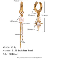Boucles asymétriques perle eau douce zircon, créole étoile huit branches, acier inoxydable doré