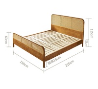 Lit plateforme en contreplaqué de teck sculpté à la main, style Japandi moderne, tête de lit en rotin naturel, taille King, mobilier de chambre minimaliste