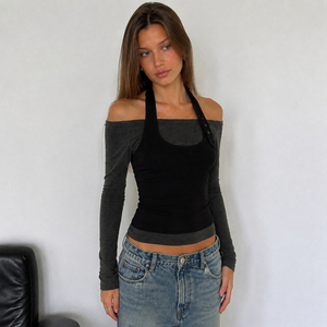 Women's 2 Piece Off Shoulder <b>Top</b> Halter Neck Stretchy Fitted Long Sleeve Casual Streetwear Blouse - Product Image 2