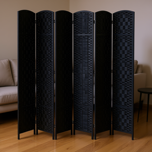 Separador de ambientes plegable de 6 paneles, tejido a mano, color negro, portátil, moderno, de bambú, para separar espacios. - Product Image 2