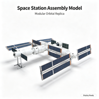 Maquette d'assemblage de station spatiale, modèle 3D, capsules blanches, connecteurs noirs, panneaux solaires bleus, structure modulaire, hôtel