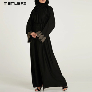 Women Black Chiffon Abaya Rhinestone Gold Floral Lace Applique Flared <b>Bell</b> Sleeve Self-Tie Waist Modest Luxury Evening Dress - Product Image 1