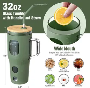 32 oz kullanımlık cam Tumbler kolu kapak saf-bpa ücretsiz sızdırmaz bulaşık makinesinde yıkanabilir buzlu kahve fincanı silikon kol araba uyar