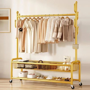 DM Golden Three-Layer Metal High Quality Clothing Rack with Wheels and Storage Shelf for Wardrobe Use - Product Image 1