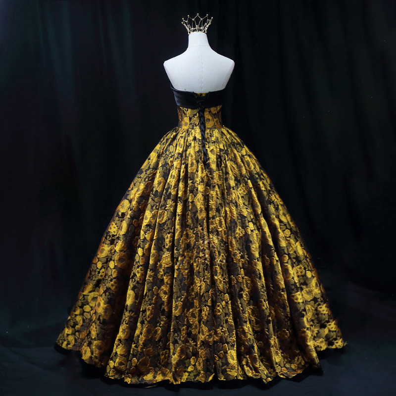 2023 Black Gold Satin Wedding Dress with Crystal & Ruffles 2023 Black Gold Satin Wedding Dress with Crystal & Ruffles
