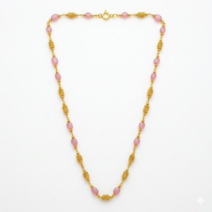 925 Silver Antique Mala <b>Necklace</b> with <b>Pink</b> Beads Lightweight Traditional Ethnic Chain Jewelry for Women Wear - Product Image 1