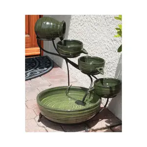 Outdoor Decor Tiers Cascading Geglazuurde Keramische Water Feature Zonne-energie Water Fontein Met Metalen Standaard