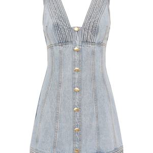 เดรสยีนส์สั้นคอวีแขนกุดสำหรับฤดูร้อน มีกระเป๋า ติดกระดุมด้านหน้าสำหรับผู้หญิง - Product Image 4