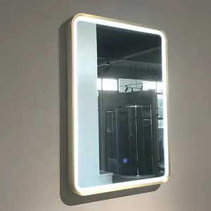 PTB Morden Brushed Brass Rounded Smart Rectangular Touch Sensing Copperless Bathroom LED Mirror Full Length