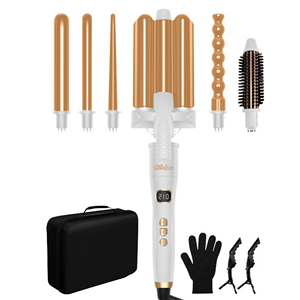 Kit de bouclage professionnel 6-en-1 : <span class=keywords><strong>Fer</strong></span> à <span class=keywords><strong>boucler</strong></span> à 3 barils, Onduleur sirène, Baguette à bulles avec écran LCD, Étui de voyage et Logo personnalisé - Product Image 1