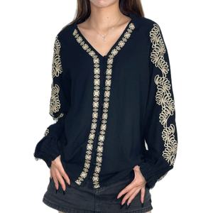 Haut brodé décontracté à manches longues et col en V pour femme, style bohème OEM - Product Image 1