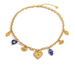 Collar de Acero Inoxidable para Mujer, Colgante de Ojo de Hamsa en Forma de Corazón, Cadena de Clavícula Chapada en Oro, Conjunto de Joyería de Moda SL41640 - Product Image 5