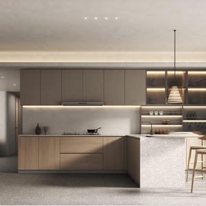 Gabinetes de Cocina Modulares Europeos Modernos con Puertas de Madera Contrachapada, Isla Integrada con Barra de Desayuno y Diseño Ecológico - Product Image 2