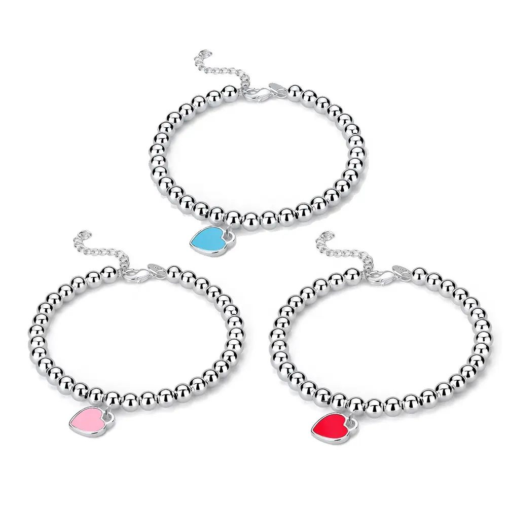 Joyero Joyas De Acero Jewelry Stainless Steel Peach Charm Enamel Silver Plated Beaded Bead Love Pendant Heart Chain Bracelet
