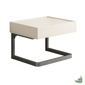 Mesa <span class=keywords><strong>de</strong></span> <span class=keywords><strong>Noche</strong></span> con Cuerpo Blanco Crema y Base Metálica <span class=keywords><strong>Negra</strong></span> en Forma <span class=keywords><strong>de</strong></span> C, Estilo Moderno y Glamuroso, Mesa Auxiliar <span class=keywords><strong>Flotante</strong></span> con Cajón para Dormitorio - Product Image 6