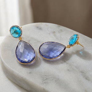 Nouvelles boucles d'oreilles pendantes en quartz saphir bleu topaze, tendance, plaquées or 24 carats, argent sterling - Product Image 3