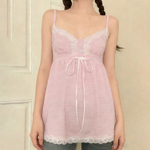Top Camisero de Punto con Rayas Rosas Dulces y Encaje, Transpirable, de Secado Rápido, con Cuello en V, Lazo en la Cintura, Estilo Babydoll, Espalda Descubierta, Ajuste Delgado y Lindo para Mujer - Product Image 2