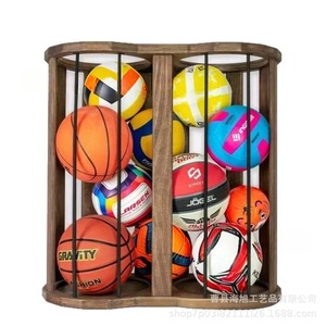 Panier de rangement pour ballons en bois massif, support pour ballons de basket-ball et de football avec poignées, forme circulaire, rangement soigné - Product Image 4