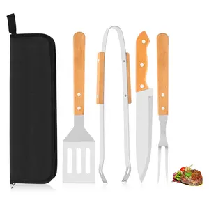 4-टुकड़ा स्टेनलेस स्टील BBQ ग्रिल सेट जंगली BBQ सामान Grilling उपकरण शामिल रंग, नक्काशी चाकू, कांटा और टोंग