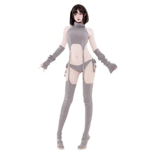 Lencería Sexy Original, Top sin Espalda, Cosplay <span class=keywords><strong>Inocente</strong></span>, Atuendo Sensual para Otaku, Cuello Alto, Calcetines y Guantes Negros, Blancos y Grises para Hombre Adulto - Product Image 5