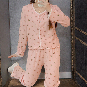Pijamas de Invierno para Mujer al por Mayor de Fábrica, Cintura Elástica, Estampadas, 100% Algodón Orgánico, Transpirables, Conjunto de Camisón Largo de Punto - Product Image 3
