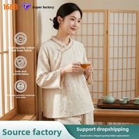 Pyjama long en coton et lin pour femmes, ensemble de style ethnique haut de gamme, printemps/été/automne, couleur unie, manches longues avec dentelle