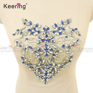 Beautiful sewing on mesh clear and blue stone tulle embellished rhinestone patch applique WDP-111