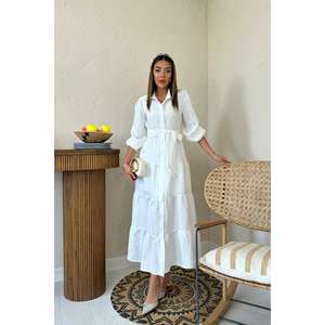 Robe chemise blanche ceinturée avec col rabattu et taille à nouer pour un usage quotidien, en tissu tissé respirant, style décontracté - Product Image 5