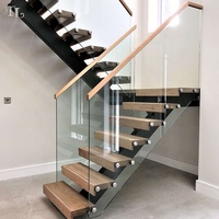 Escalier flottant Tanlong Central Stringer en chêne avec éclairage LED intégré, marches en bois à risers ouverts, balustrade en verre, escalier minimaliste