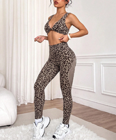 Pakaian Olahraga Wanita Motif Leopard Tanpa Jahitan, Logo Kustom, Pinggang Tinggi, Angkat Bokong, Set Yoga Fitness Gym