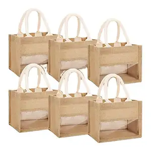 定制黄麻购物袋便携式可重复使用红酒水果储物手提袋折叠透明窗口手提袋购物袋