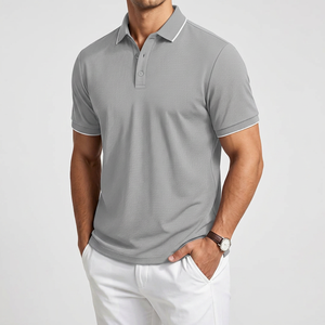 Men's Gray Short Sleeve Polo Shirt Solid Color Pique Knitted Casual Breathable Regular Fit - Product Image 1