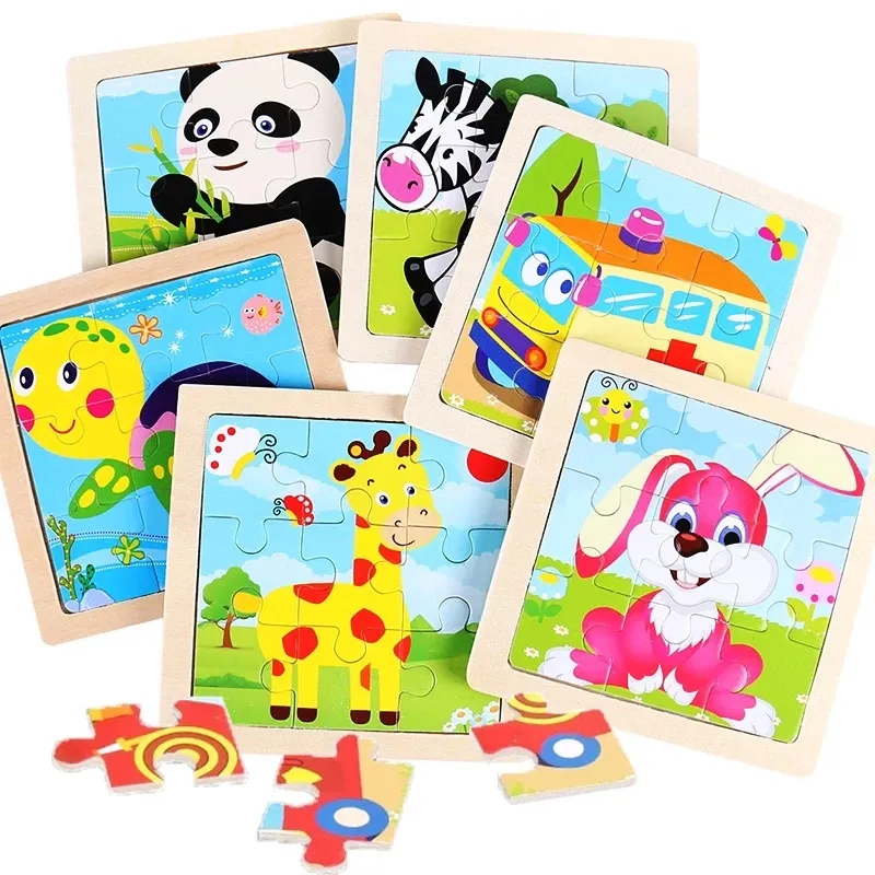 Hot Selling 9 Pcs Rechteckige Cartoon Babys Montessori Kinderspiel 3D Holz Puzzle Tier Puzzle Geschenk Lernspiel zeug für Kinder