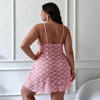 Lingerie sexy grande taille pour femmes, chemise de nuit en dentelle transparente rose, col en V, double bretelle, nœud, vêtements de nuit, boudoir