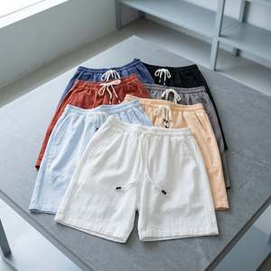 Shorts d'été décontractés sur mesure pour hommes en tissu peigné uni, multicolores, taille élastique, 3 poches, design vintage, écologiques, coupe-vent - Product Image 2
