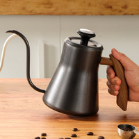 Set Termometer Panci Kopi Gooseneck HL dengan Tutup, Gagang Kayu, Kontrol Aliran Presisi, Corong, Baja 304, Ketel Seduh Manual 600ml 900ml