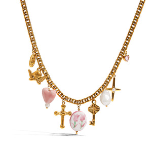 Chic Resort Style 18K Gold Stainless Steel Ceramic Pearl Cross <b>Angel</b> Pendant Necklace <b>Gift</b> Jewelry - Product Image 1