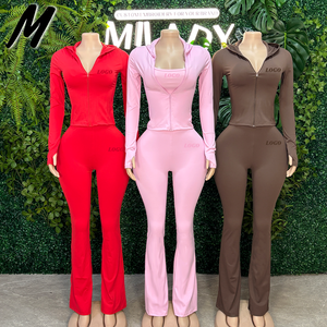 Ensemble de vêtements formels trois pièces pour femmes Milady, veste à capuche en nylon, débardeur style gilet avec trous pour les pouces, pantalon évasé, tenue de <span class=keywords><strong>fitness</strong></span> et de yoga - Product Image 1