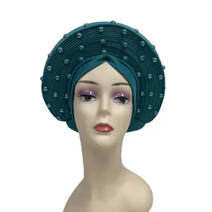 หมวกโพกหัวหรูหราใหม่ล่าสุดสำหรับผู้หญิง,หมวกลูกปัดสำหรับอินเดียหมวกคลุมศีรษะเครื่องประดับผม Gele ไนจีเรีย