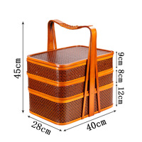 Panier de pique-nique chinois vintage en bambou, panier à nourriture tressé en bambou à plusieurs niveaux avec poignée, panier de rangement traditionnel en bambou