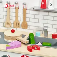 Juego de cocina de imitación de madera para niños, juego de cocina clásico de gama alta con juego de corte de verduras