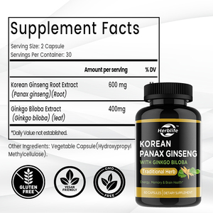 Cápsulas de Panax Ginseng coreanas OEM de etiqueta privada con suplementos de extracto de Ginko Biloba Soporte de energía, memoria y salud cerebral - Product Image 2