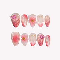 Ongles en acrylique à presser, longueur moyenne, rose dégradé doux, avec fleurs 3D et papillons scintillants, forme amande, vente en gros, personnalisables